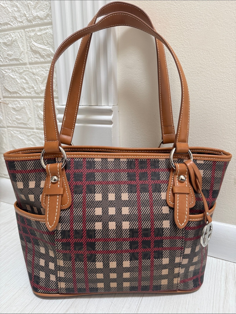 Giani Bernini Tan and Red Plaid Tote Bag